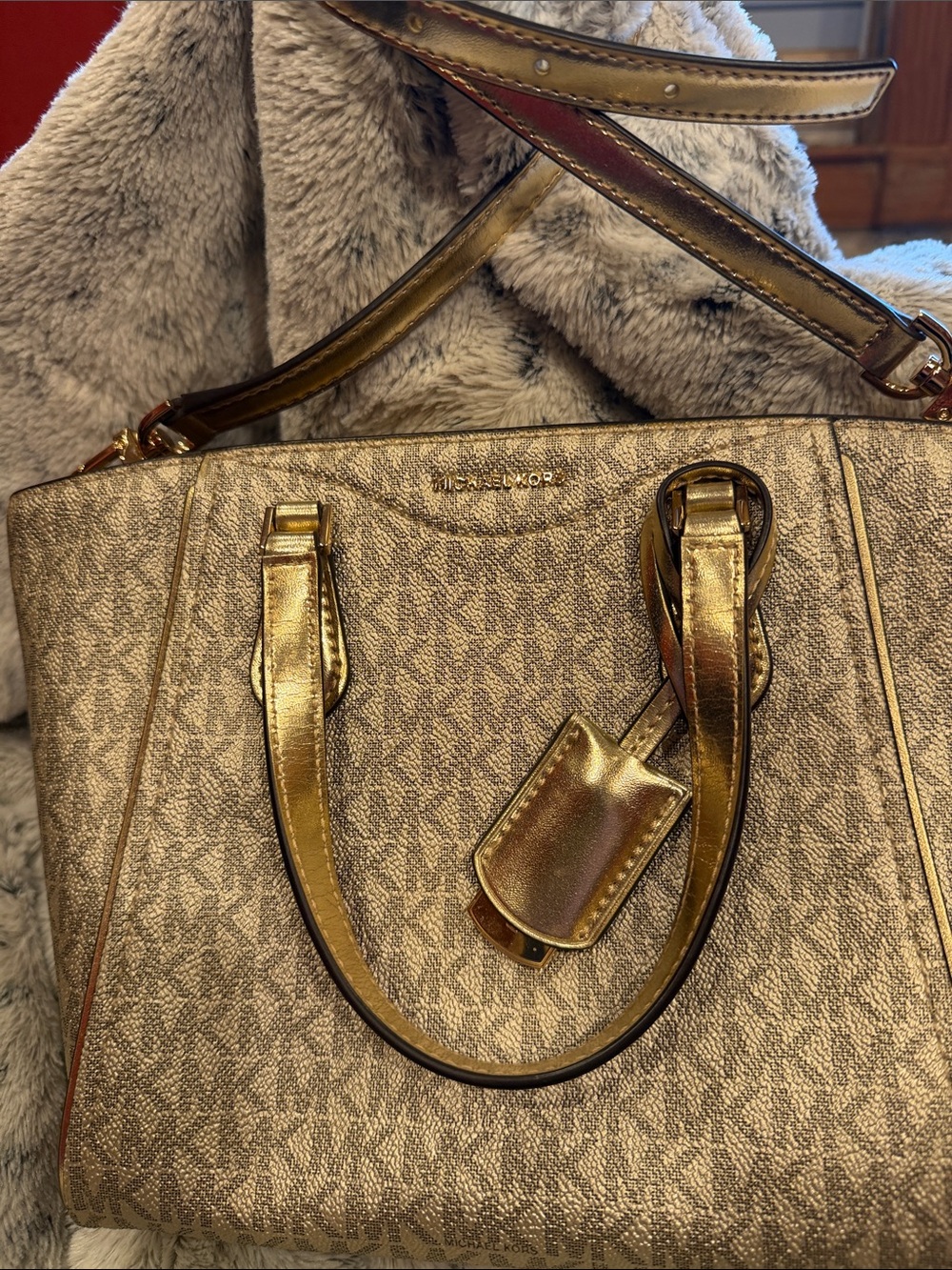 Michael Kors Metallic Gold Patterned Tote Handbag